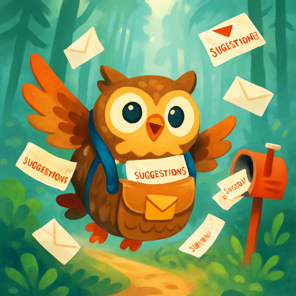 An owl with envelopes around itConsidering the owl's context, a plausible alt text could be: Cartoon owl with envelopes.