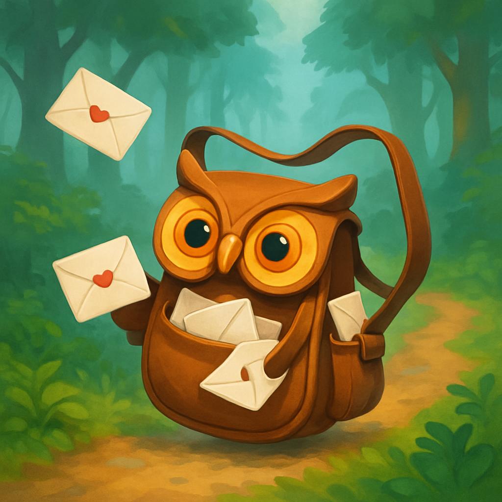 An illustration of an owl with envelopes - cartoon illustration of a brown stuffed owl with yellow eyes, holding four whit...