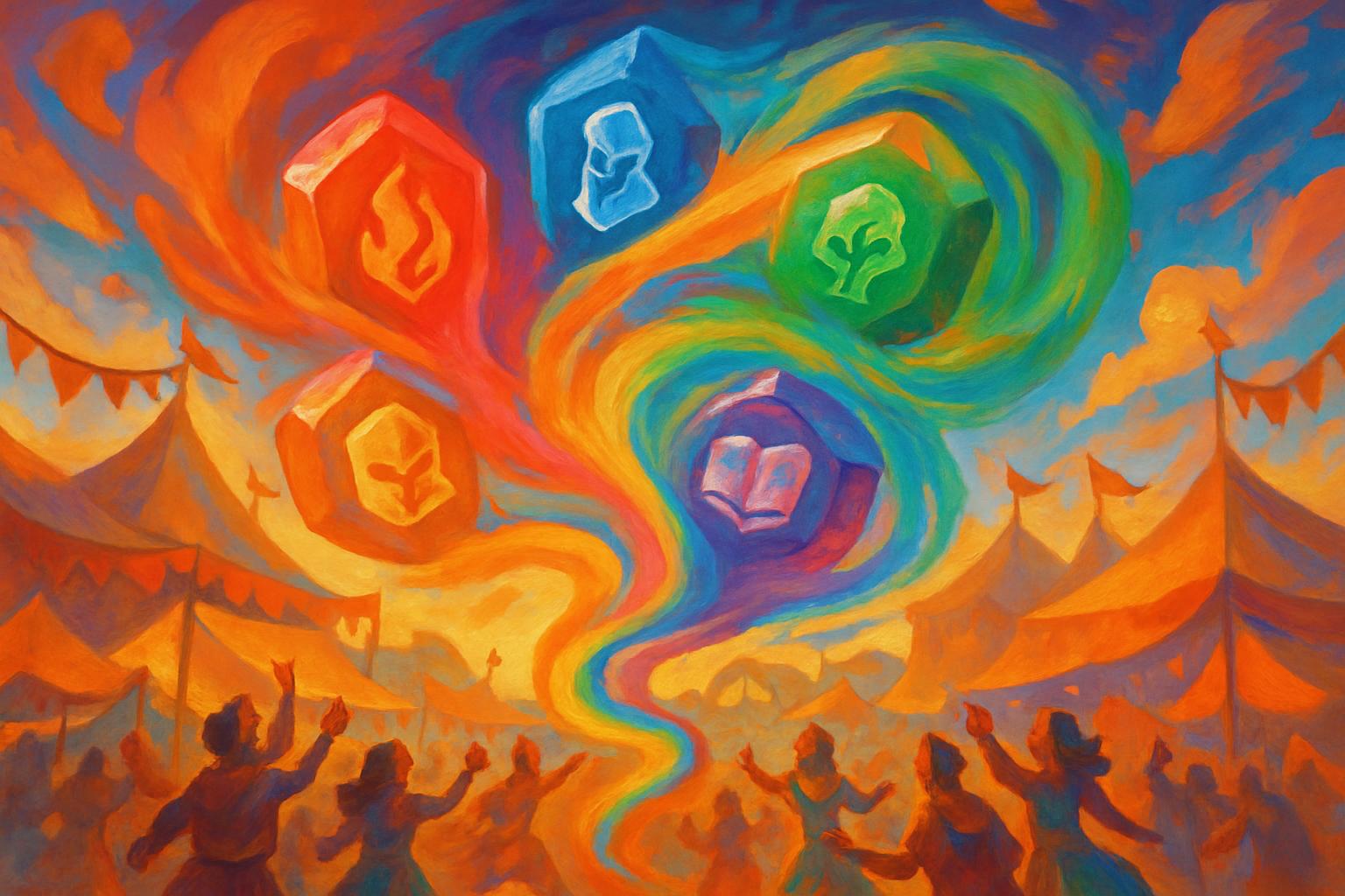 A colorful abstract painting of four gemstones in vibrant hues of red, blue, green, and purple, suspended in the air amids...